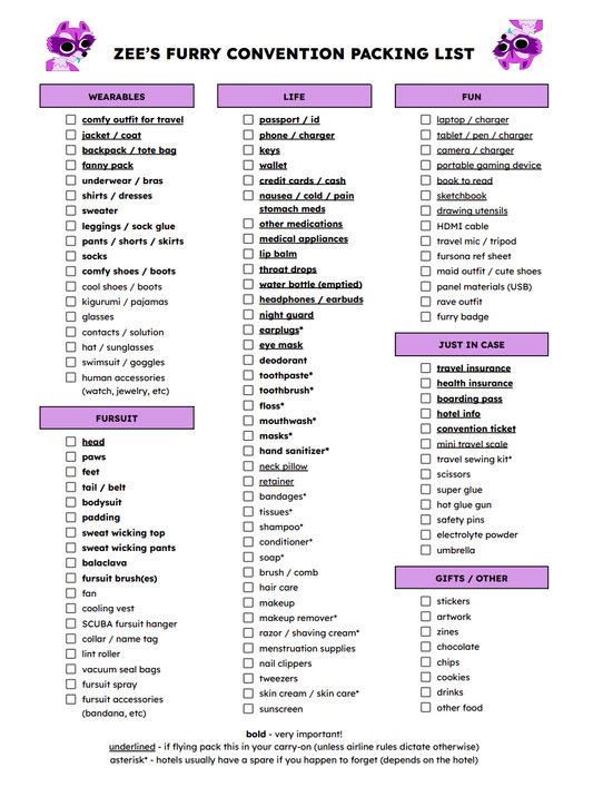 zee's furry convention packing list! free download PDF