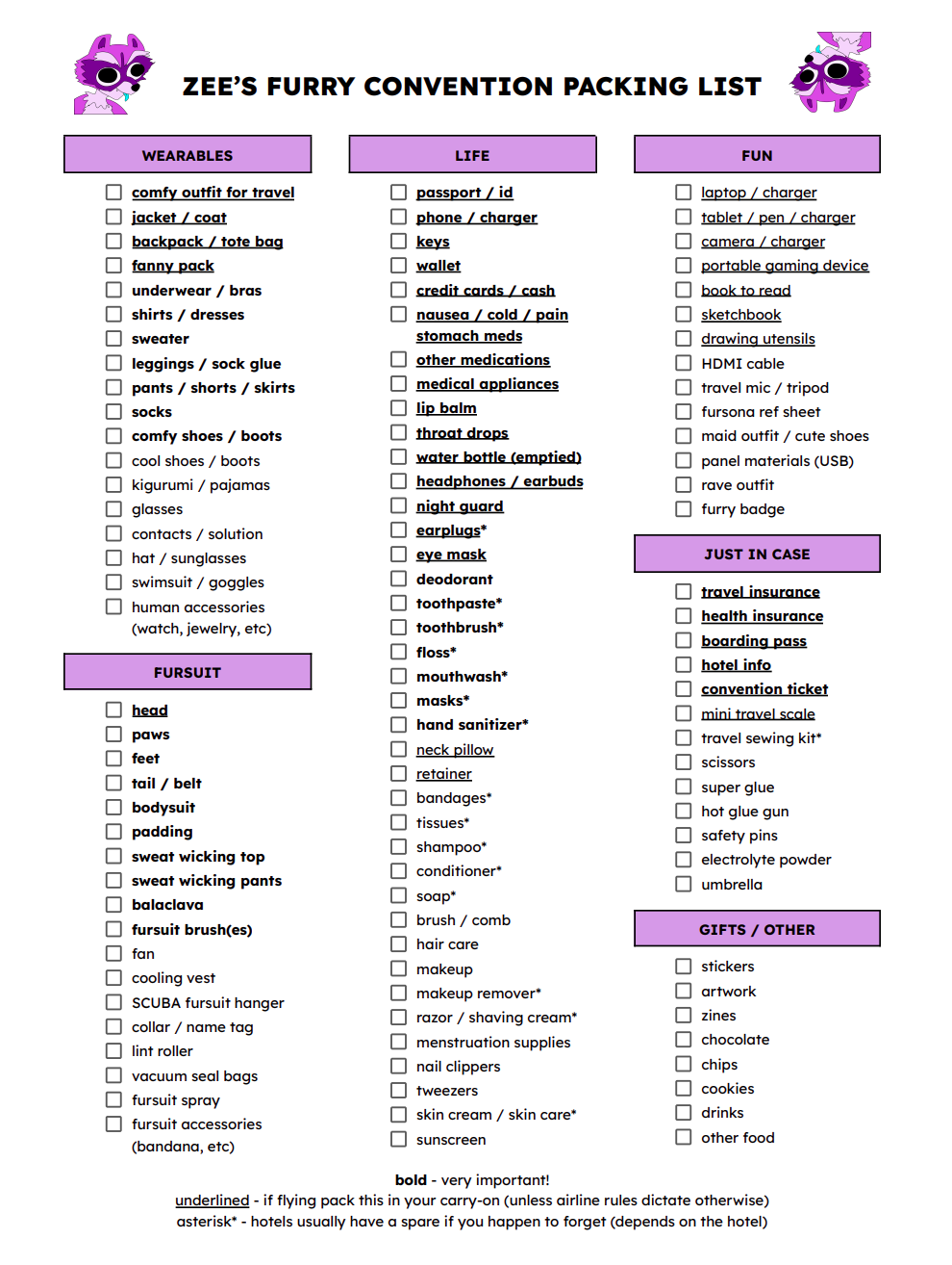 zee's furry convention packing list! free download PDF